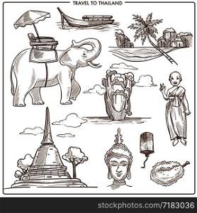 Thailand travel symbols and tourism landmarks sketch icons. Vector Thai elephant, Bangkok river boat or Buddha statue and temple monk in palace, island and durian fruit. Thailand travel symbols or vector sketch landmarks
