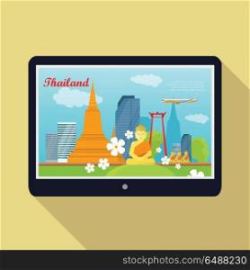 Thailand Travelling banner. Thai Landmarks. Tablet. Thailand travelling banner on tablet screen. Landscape with Thai landmarks. Skyscrapers and private buildings. Nature and architecture. Part of series of travelling around world. Vector illustration