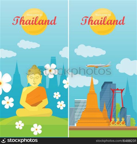 Thailand Travelling Banner. Thai Landmarks. Thailand travelling banner. Landscape with traditional Thai landmarks. Thai god Buddha. Yoga zen. Indian, Buddhism, spiritual art, esoteric. Asian religion buddha statue with calm face. Vector