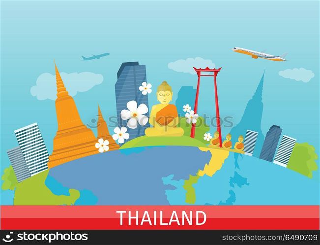 Thailand Travelling banner. Thai Landmarks.. Thailand travelling banner. Landscape with traditional Thai landmarks. Skyscrapers and private buildings. Nature and architecture. Part of series of travelling around the world. Vector illustration