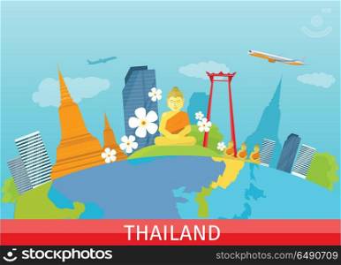 Thailand Travelling banner. Thai Landmarks.. Thailand travelling banner. Landscape with traditional Thai landmarks. Skyscrapers and private buildings. Nature and architecture. Part of series of travelling around the world. Vector illustration