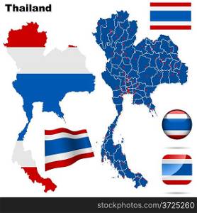 Thailand vector set. Detailed country shape with region borders, flags and icons isolated on white background.