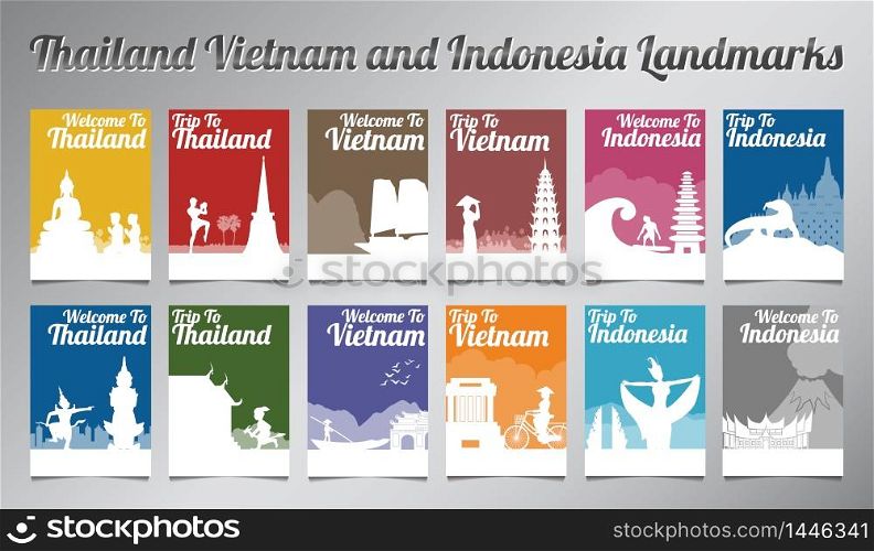 Thailand Vietnam and Indonesia famous landmark and symbol in silhouette design with multi color style brochure set,vector illustration