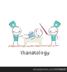 thanatology studies the dead man. Fun cartoon style illustration. The situation of life.