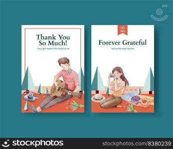 Thank card template with picnic day concept,watercolor style
