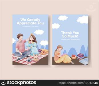 Thank card template with picnic day concept,watercolor style 