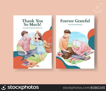 Thank card template with picnic day concept,watercolor style 