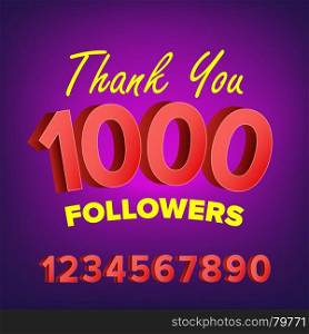 Thank You 1000 Followers Card Vector. Web Image for Social Networks. Beautiful Greeting Card. Illustration. Vector Thanks Design Vector. Web User Celebrates Large Number Of Subscribers. Blogger Network Friends Snd Followers. Illustration