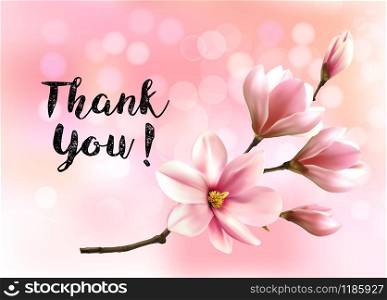 Thank You background with beautiful blossom brunch of pink magnolia. Vector