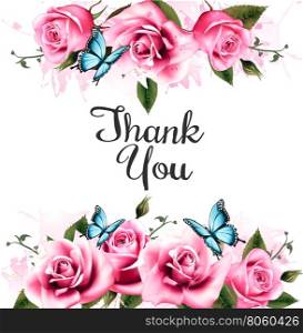 Thank You background with beautiful roses and butterflies. Vector