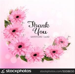 Thank You background with pink beautiful flowers. Vector