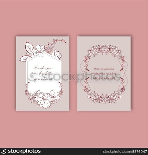 Thank you card template design with line art flower vector illustration. 
