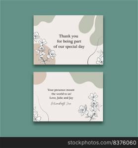 Thank you card template design with line art flower vector illustration.