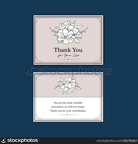 Thank you card template design with line art flower vector illustration.
