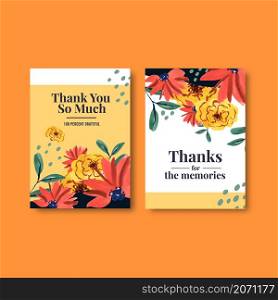 Thank you card template with brush florals concept design for invitation watercolor vector illustration