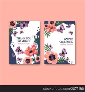 Thank you card template with brush florals concept design for invitation watercolor vector illustration