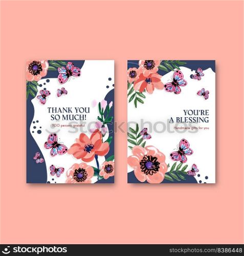 Thank you card template with brush florals concept design for invitation watercolor vector illustration 