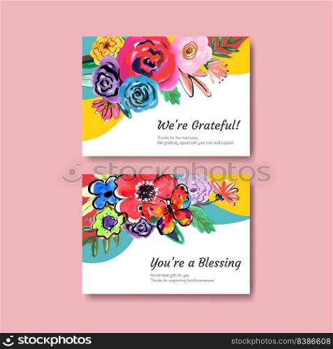 Thank you card template with brush florals concept design for invitation watercolor vector illustration 