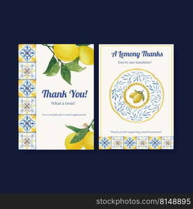 Thank you card template with Italian tile concept design for invitation and greeting watercolor vector illustration 