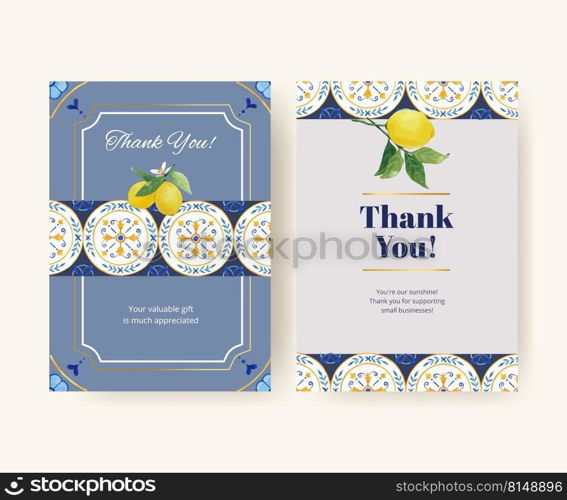 Thank you card template with Italian tile concept design for invitation and greeting watercolor vector illustration 