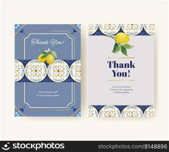 Thank you card template with Italian tile concept design for invitation and greeting watercolor vector illustration 