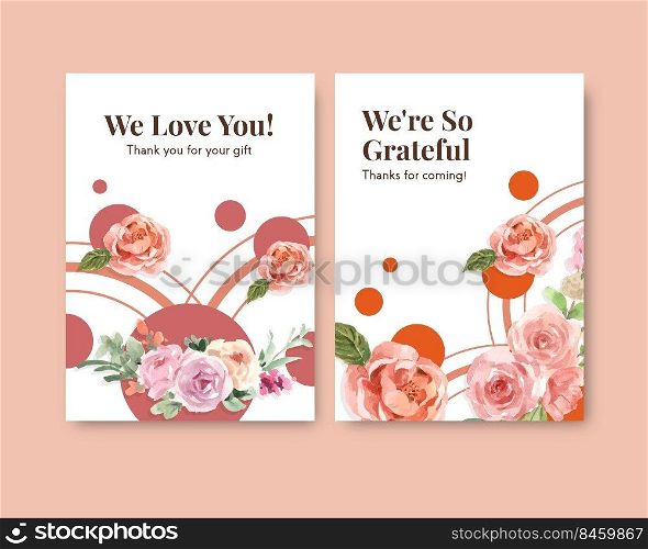 Thank you card template with love blooming concept design watercolor vector illustration 