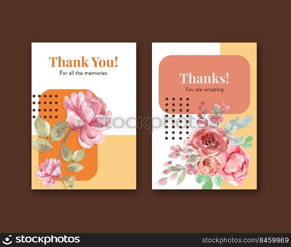 Thank you card template with love blooming concept design watercolor vector illustration
