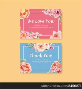 Thank you card template with love blooming concept design watercolor vector illustration 