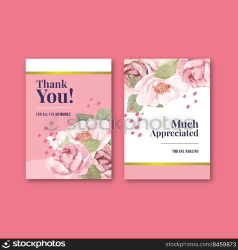 Thank you card template with love blooming concept design watercolor vector illustration 