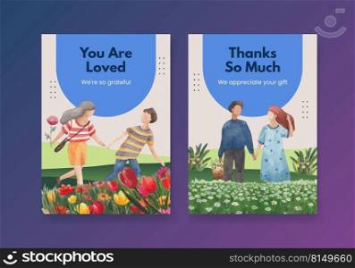 Thank you card template with park and family concept design watercolor illustration 