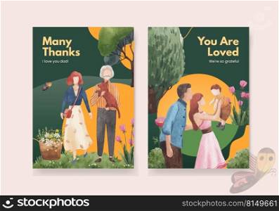 Thank you card template with park and family concept design watercolor illustration 