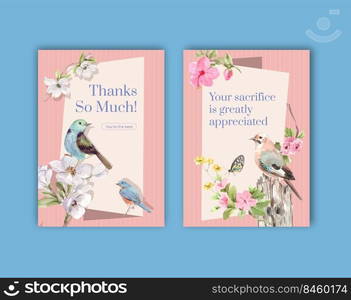 Thank you card template with spring and bird concept design for greeting and invitation watercolor illustration
