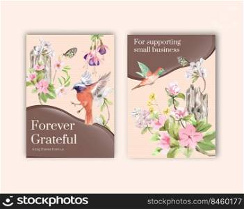 Thank you card template with spring and bird concept design for greeting and invitation watercolor illustration 