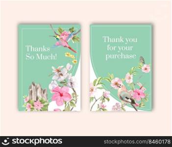 Thank you card template with spring and bird concept design for greeting and invitation watercolor illustration 