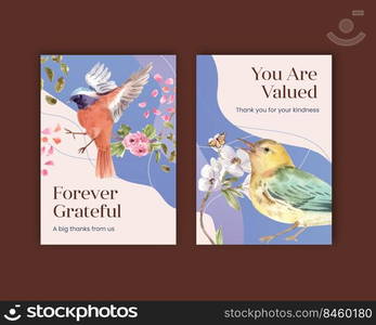 Thank you card template with spring and bird concept design for greeting and invitation watercolor illustration 