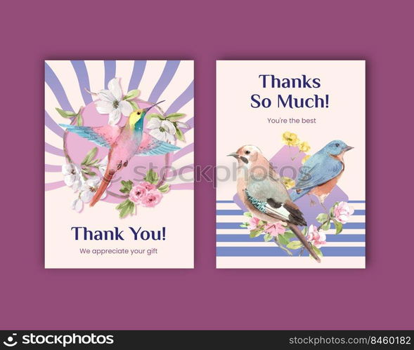 Thank you card template with spring and bird concept design for greeting and invitation watercolor illustration 