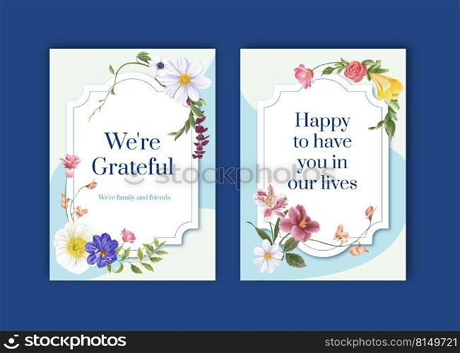 Thank you card template with spring bright concept design watercolor illustration 