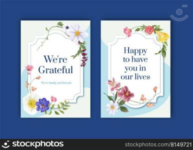 Thank you card template with spring bright concept design watercolor illustration 