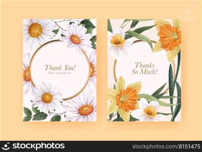 Thank you card template with spring flower concept,watercolor style 