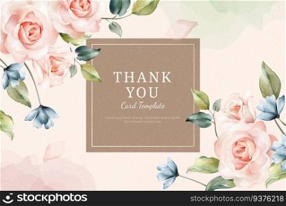Thank you card template with watercolor roses frame. Watercolor roses thank you card
