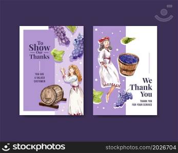 Thank you card template with wine farm concept design for greeting and anniversary watercolor vector illustration.