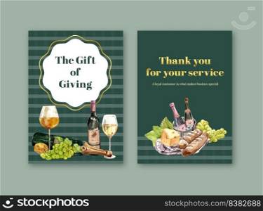 Thank you card template with wine farm concept design for greeting and anniversary watercolor vector illustration. 