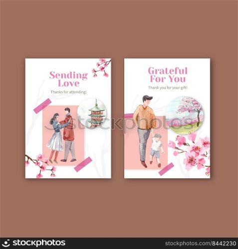 Thank you card with cherry blossom concept design watercolor vector illustration 