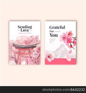 Thank you card with cherry blossom concept design watercolor vector illustration 