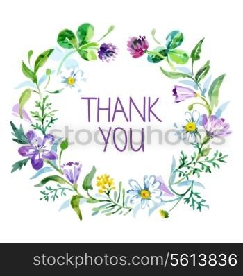 Thank you card with watercolor floral bouquet. Vector illustration