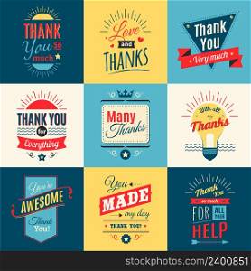 Thank you colored card designs set with love and gratitude in retro style isolated vector illustration . Thank You Colored Cards