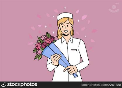 Thank you doctor and Nurses concept. Smiling woman doctor or nurse standing with bouquet of flowers fighting coronavirus vector illustration. Thank you doctor and Nurses concept.