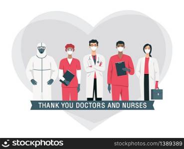 Thank you doctors cartoon characters in white medical face mask on heart background. Stop coronavirus