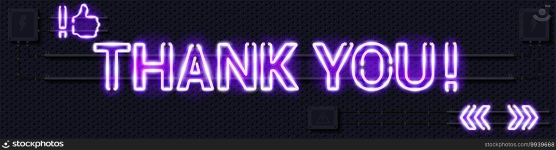 THANK YOU glowing purple neon l&sign. Realistic vector illustration. Perforated black metal grill wall with electrical equipment.. THANK YOU glowing purple neon l&sign on a black electric wall