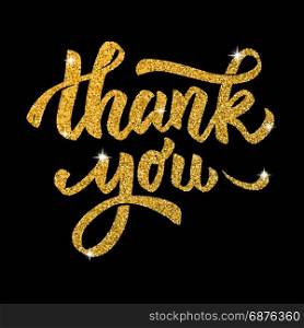 Thank you. Hand drawn lettering in golden style isolated on black background. Design elements for poster, greeting card. Vector illustration